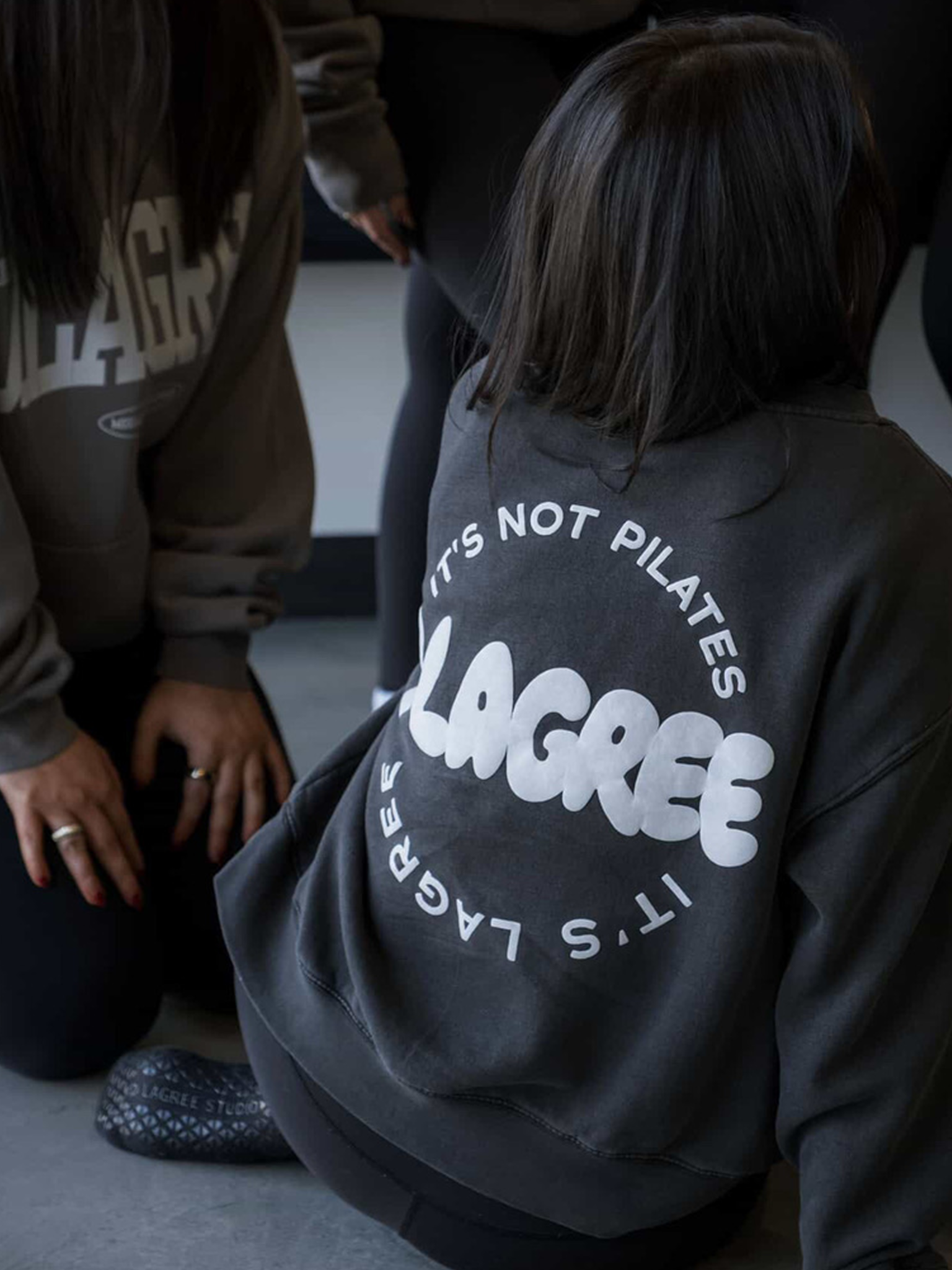 Puff print — womens crewneck, washed black with white puff print